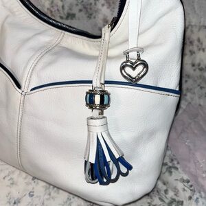Brighton White Leather Shoulder Bag with Blue Trim and Tassel
